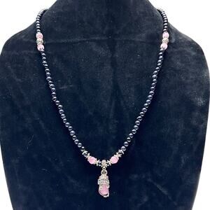 Vintage Style Pink & Blue Bead Necklace with Lucky Pendant Charm